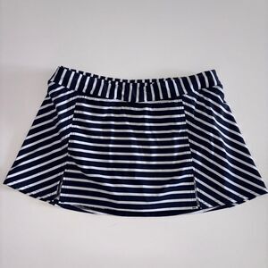 Lands’ End Navy Blue & White Striped  Swim Skirt Size 10 Nautical Split Front